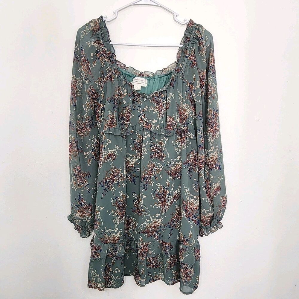 Loveriche Women Mini Dress Green Floral Long Sleeve Scoop Neck Zip Party Size M